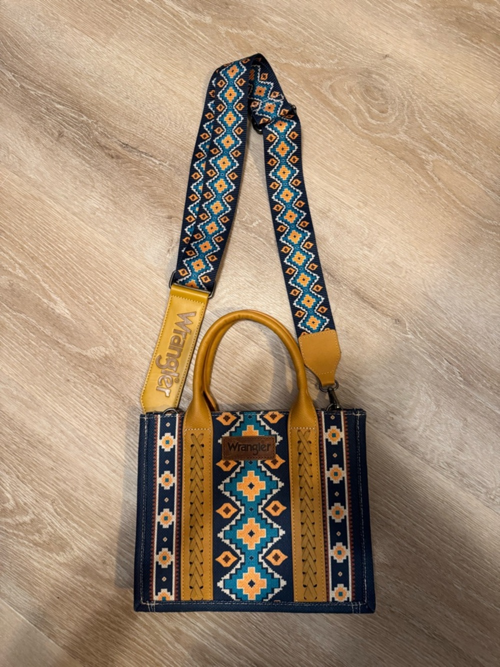Wrangler Navy & Mustard Geometric Mini Tote with Patterned Strap